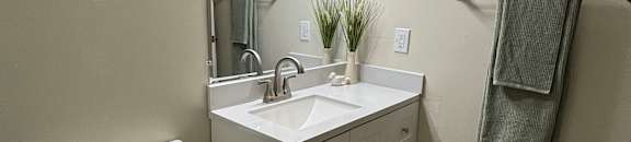 A white toilet with a white sink and a white cabinet with a plant on top.